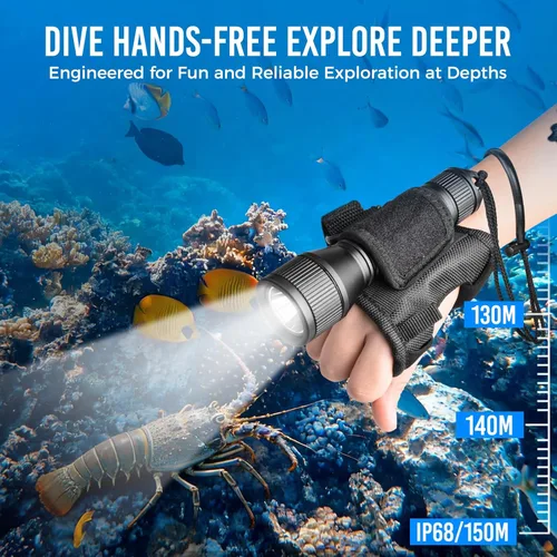 Vista 4 de ORCATORCH D550 - Linterna submarina de 1000 lúmenes con 3 modos, interruptor de cola, impermeable IP68, luz de buceo de respaldo manos libres