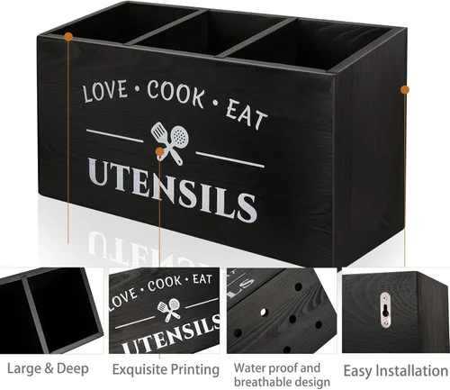 Vista 3 de MINCORD Soporte para utensilios de cocina con 3 compartimentos, caja organizadora de almacenamiento de madera rústica, caja organizadora