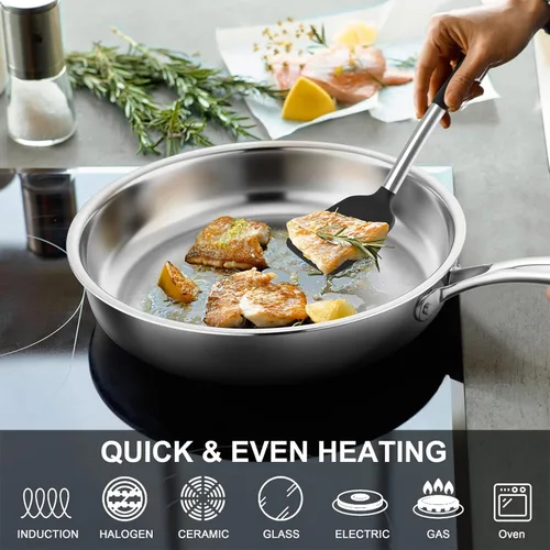 Vista 5 de P&P CHEF Sartén de acero inoxidable de 12 pulgadas, sartén de acero inoxidable de 3 capas, sartén de inducción, horno y todas las estufas, segura