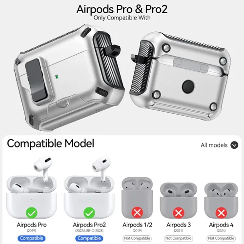 Vista 2 de Funda para AirPods Pro 2 (2023/2022/2019) con soporte para teléfono, (con interruptor automático a presión), diseño de fibra de carbono, cubierta