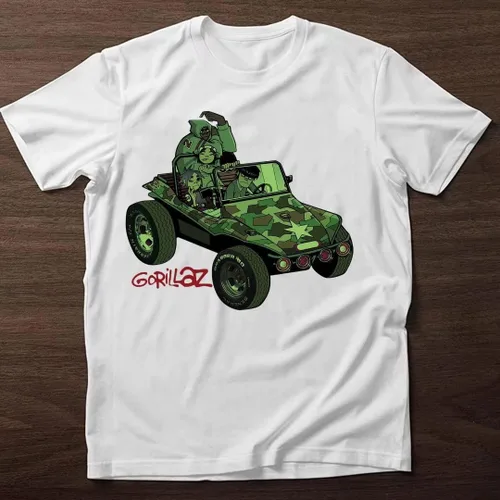Vista 3 de Gorillaz Camiseta de algodón con logotipo verde para hombre, camiseta blanca divertida y divertida