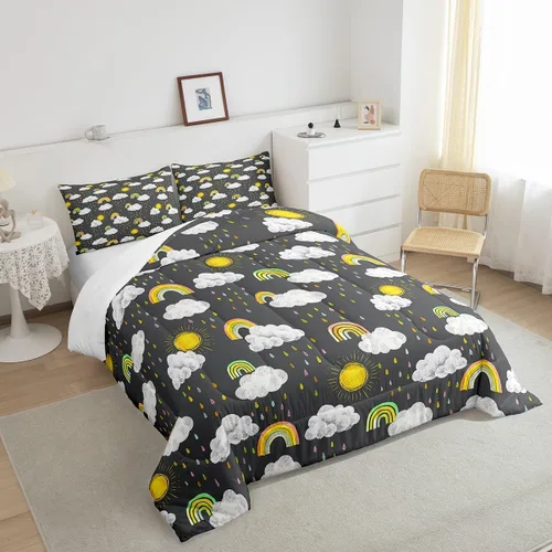 Vista 5 de Erosebridal Juego de edredón de arcoíris, tamaño individual, con sol y nube, edredón de dibujos animados de arco iris para niños y niñas, edredón
