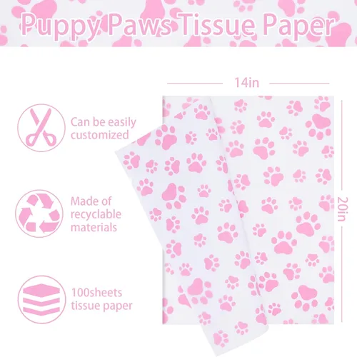 Vista 2 de Whaline 100 piezas de papel de seda con estampado de patas de mascotas, papel de regalo rosa y blanco, papel de embalaje de patas de perro, papel