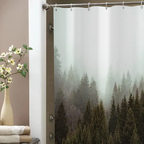 Vista 7 de YiarTaan Cortinas de ducha de bosque brumoso, cortinas de ducha verde niebla para baño, cortina de ducha de bosque, cortina de baño impermeable