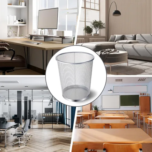 Vista 5 de Zeyune Silver Office Trash Can Mesh Trash Can 4 Gallon Metal Wire Mesh Waste Paper Basket Round Small Garbage Bin for Office Bathroom Home Bedroom