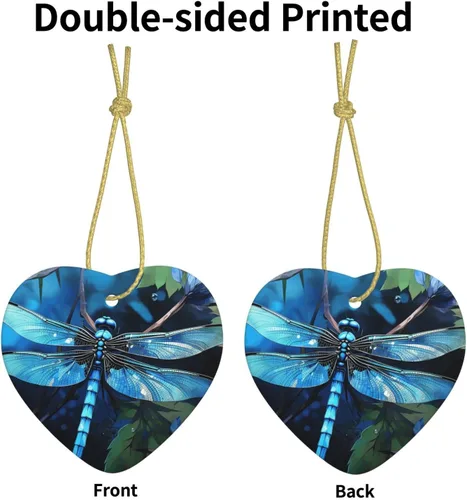 Vista 8 de Christmas Ornaments Hanging Christmas Tree Topper Decoration Art Blue Dragonfly Ceramics Ornament Heart Shape Keepsake Gift Hanging Pendant for Xmas
