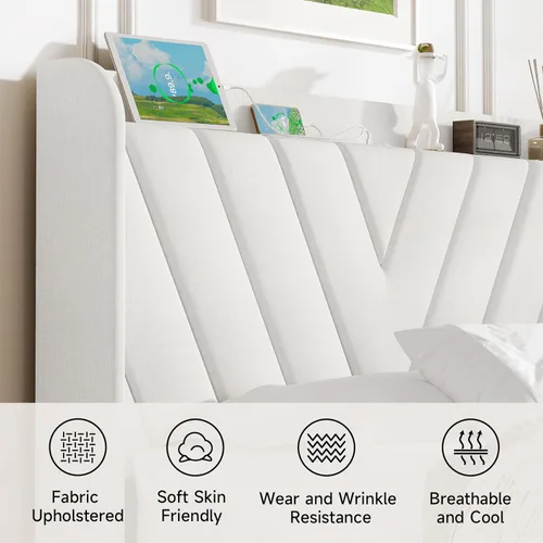 Vista 130 de koorlian Base de cama Queen con cabecero, base de cama tapizada ajustable con puertos tipo C y USB, cabecera de almacenamiento con respaldo de ala