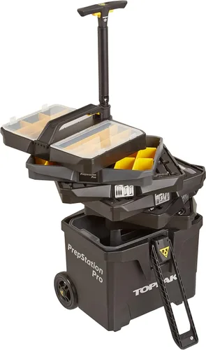 Vista 2 de Topeak PrepStation Pro Bike Tool Station - Taller profesional de ruedas con 55 herramientas (85 funciones), 7 compartimentos, base extensible, mango