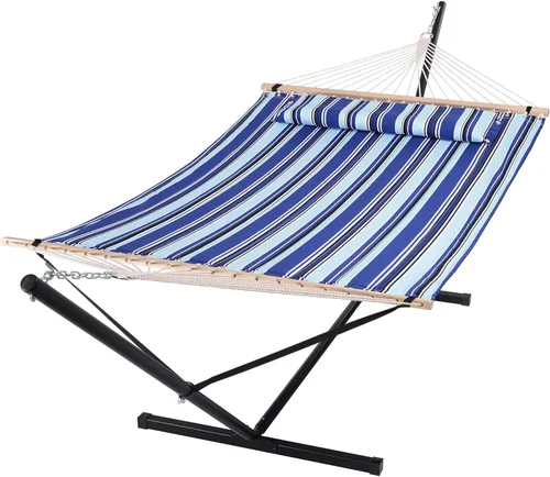 Vista 9 de SUNCREAT Hamaca para dos personas con soporte, capacidad de 475 libras, hamaca portátil para patio con barra separadora de madera dura, almohada