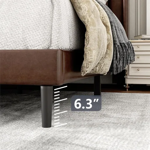 Vista 44 de Base de cama tamaño Queen con cabecera tapizada con respaldo de ala, plataforma de fácil montaje, soporte de listones de madera, no necesita somier