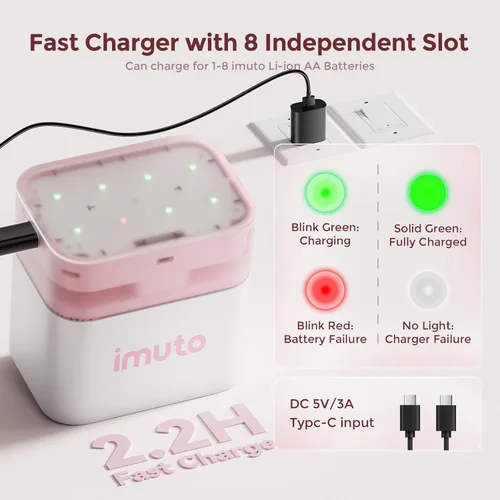 Vista 6 de imuto Cherry Blossom Style - Kit de baterías AA recargables estilo flor de cerezo, 8 pilas de litio AA rosas de 2500 mWh, cargador inteligente