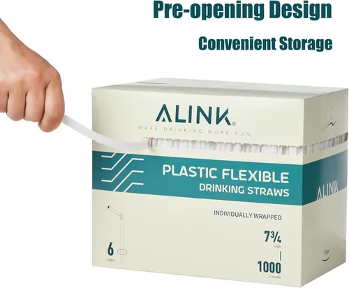 Vista 3 de ALINK 1000 popotes flexibles blancos, pajitas flexibles de plástico envueltas individualmente, 7.75 x 0.23 pulgadas