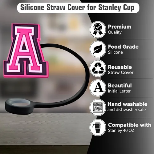 Vista 2 de Tapa de popote de silicona con inicial de letra para copa Stanley (se adapta a 30 onzas y 40 onzas), accesorios personalizados para identificación