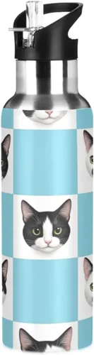Stainless Steel Vacuum Insulated Water Bottle 20 Oz, Leakproof Water Bottles for Gym Outdoor Travel School, Black White Cat Checkerboard