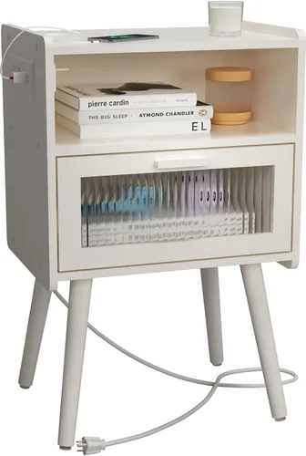 Vista 91 de Mesita de noche moderna de mediados de siglo con estación de carga, mesitas de noche con cajón de cristal, mesa auxiliar con espacio