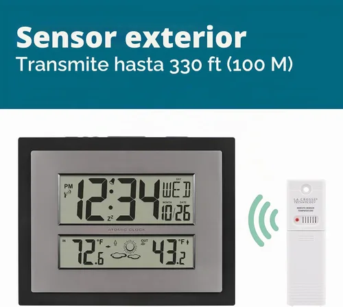 Vista 3 de La Crosse Technology 512-85937-INT Reloj de pared digital atómico con temperatura y pronóstico en gris/plateado Color: Black/Gray, Forecast