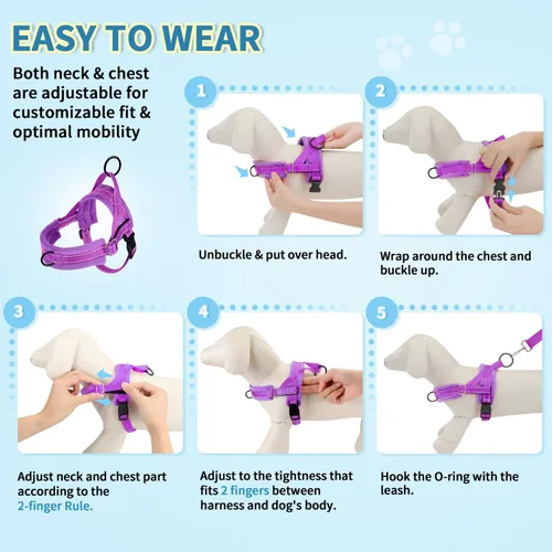 Vista 9 de Lukovee Juego de arnés y correa para perro sin tirones, arnés acolchado suave para perro pequeño, chaleco reflectante ajustable para cuello y pecho