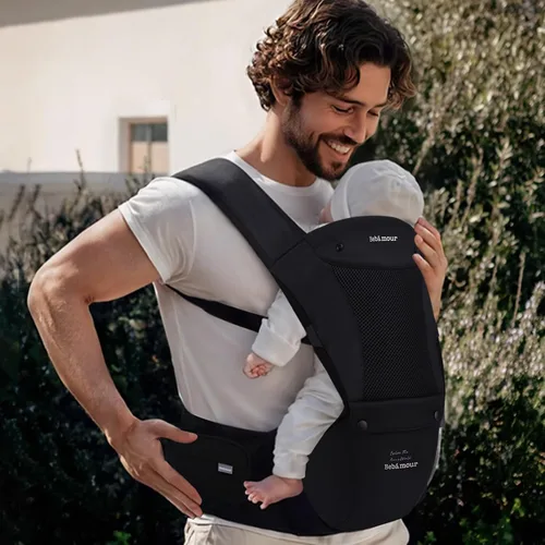 Vista 5 de Portabebés Bebamour con asiento de cadera, malla transpirable para todas las posiciones en el asiento de cadera y portabebés de 0 a 36 meses