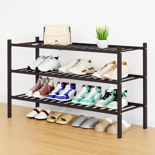 Vista 81 de Smiry Zapatero pequeño de bambú de 2 niveles, apilable, estante de almacenamiento de zapatos de madera para armario, entrada, entrada de puerta Negro