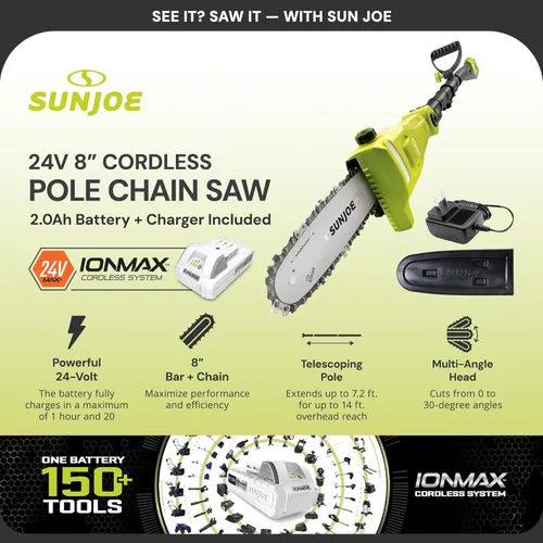 Vista 2 de Sun Joe 24V-PS8-LTE IONMAX 24V Motosierra de poste inalámbrica con kit de poste telescópico, incluye mango auxiliar, funda de hoja, batería de 2.0Ah