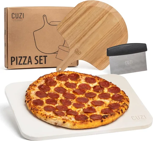 Cuzi Gourmet Juego de piedra para pizza de 3 piezas - Piedra para pizza de cordierita resistente a golpes térmicos de 15x12", pala para pizza de
