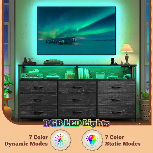 Vista 6 de Cómoda de 55 pulgadas de ancho para dormitorio con 9 cajones LED, tomas de corriente para TV de 65 pulgadas
