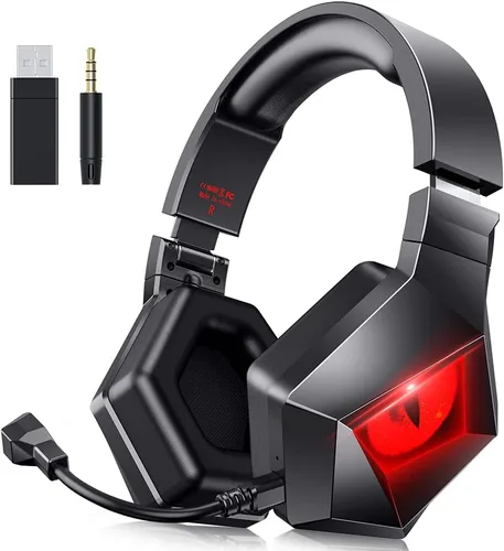 BENGOO Auriculares inalámbricos para juegos 24G para PS5 PS4 PC con micrófono desmontable con cancelación de ruido luz LED roja orejeras de memoria