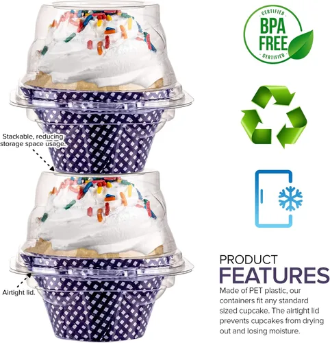 Vista 4 de Stock Your Home Recipientes individuales para cupcakes, paquete de 25, soporte para cupcakes con tapa, contenedor de plástico para magdalenas