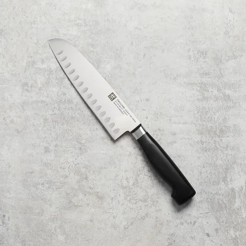 Vista 5 de ZWILLING Four Star - Cuchillo Santoku de borde hueco de 7 pulgadas, color negro y acero inoxidable