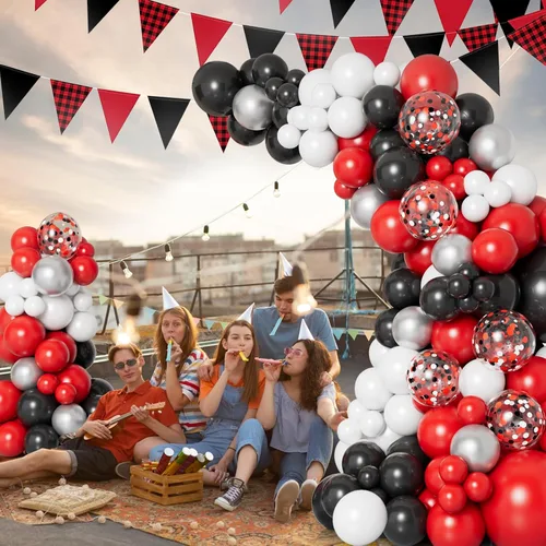 Vista 5 de DBKL Kit de arco de guirnalda de globos rojos, negros y blancos con diferentes tamaños, globos de confeti rojo, negro, blanco, plateado, para ducha