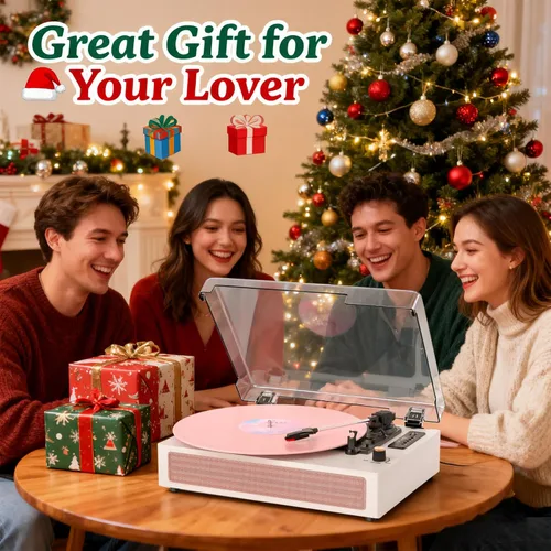 Vista 11 de Tocadiscos de vinilo con altavoces, tocadiscos Bluetooth vintage rosa con modos de sonido EQ y pantalla LED, tocadiscos de 3 velocidades para discos