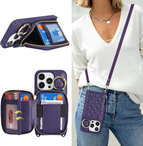 Vista 17 de Funda tipo cartera con bandolera para iPhone 15 Pro Max, funda de piel sintética con cierre de cremallera, funda tipo atril con ranuras para Oro Rosa