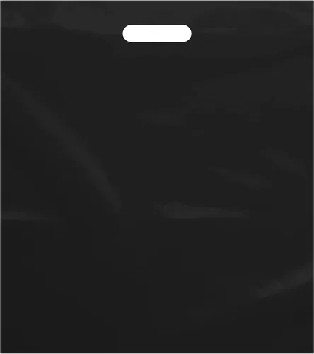 Purple Q Crafts Bolsa de plástico con asa troquelada, 15 x 18 pulgadas, bolsas de plástico negro para mercancías, paquete de 50 unidades para venta