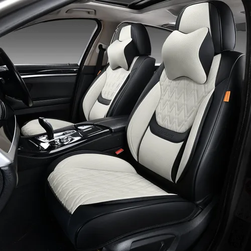 Vista 16 de Fundas de asiento delantero de automóvil, par de fundas de asiento delantero de cuero transpirable con reposacabezas, funda universal de asiento