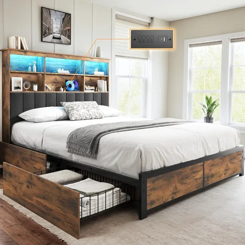 Vista 7 de HISOFT Base de cama matrimonial con cabecera de almacenamiento, cama de madera con estantería de alto almacenamiento, 4 cajones, LED y estación