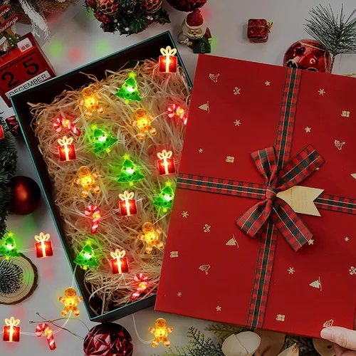 Vista 7 de Luces de Navidad que funcionan con pilas, 32 luces LED para árbol de Navidad, árbol de jengibre, bastón de caramelo, caja de regalo, guirnalda