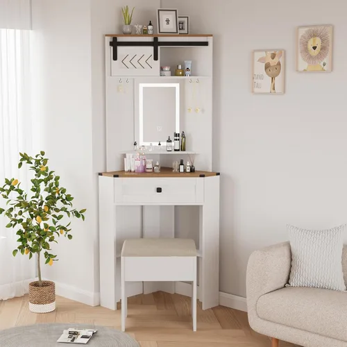 Vista 24 de ARTETHYS Pequeño escritorio de tocador con espejo deslizante y luces, juego de tocadores de maquillaje blancos con cajones, tocador compacto