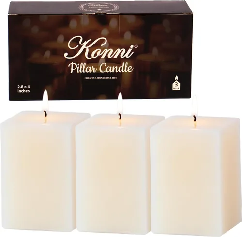Vista 16 de KONNI Juego de 3 velas de pilar blancas cuadradas, 7 cm x 10 cm Velas de pilar sin perfume a granel, velas de combustión larga de 30 horas, velas