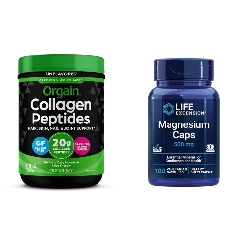 Orgain Polvo de péptidos de colágeno hidrolizados, tapas de magnesio Life Extension, 500 mg, articulaciones, cabello, piel, soporte de uñas y salud