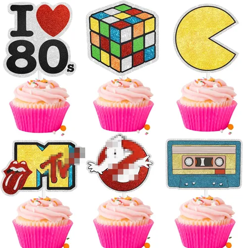 18 piezas de decoración de cupcakes de Back To The 80s Picks - Retro Throwback Theme Hombre Mujer Feliz Cumpleaños Fiesta Evento Glitter Decoración