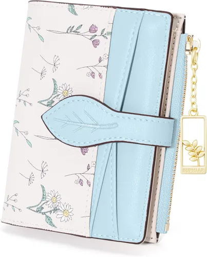 Vista 11 de Cartera compacta RFID plegable de piel sintética para mujer, mini monedero con bolsillo para monedas, diseño floral para damas y niñas, Negro