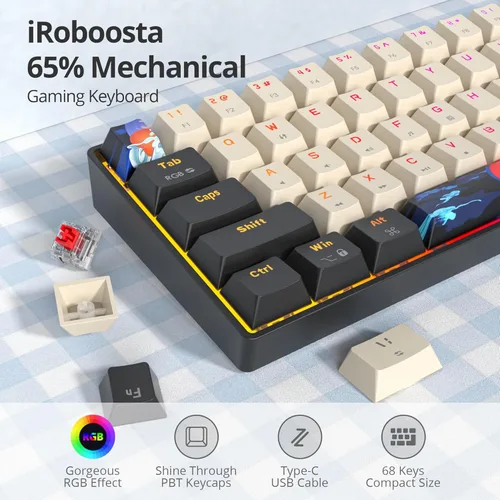 Vista 7 de Teclado para juegos 60% con cable, teclado mecánico portátil de 68 teclas, mini teclado compacto con interruptor rojo retroiluminado RGB, teclas PBT