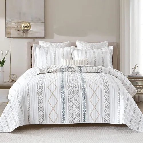Y-PLWOMEN Colchas geométricas tamaño Queen – Edredón 100% algodón Queen, juego de edredón a rayas, colchas ligeras bohemias tamaño Queen para todas