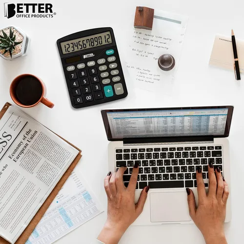 Vista 3 de Better Office Products Calculadoras de escritorio grandes, paquete de 5, pantalla LCD de 12 dígitos, panel de visualización en ángulo, función