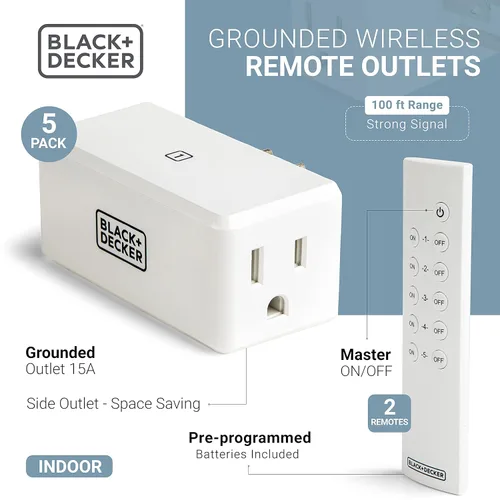 Vista 3 de BLACK+DECKER Toma de control remoto inalámbrico, paquete de 5 tomas, 2 controles remotos - Interruptores de luz premium