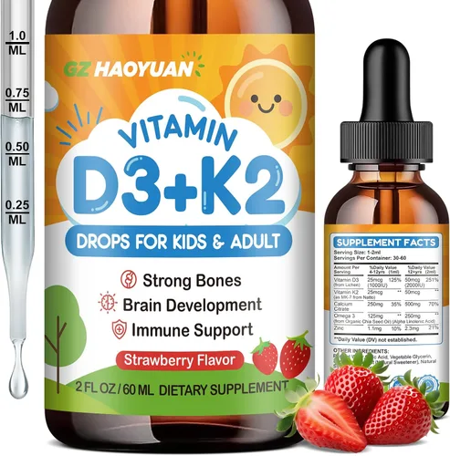 Vista 9 de Gotas de vitamina D3 K2 para niños, suplemento líquido con calcio, Omega 3, zinc, vitamina D3 K2 para absorción de calcio huesos saludables
