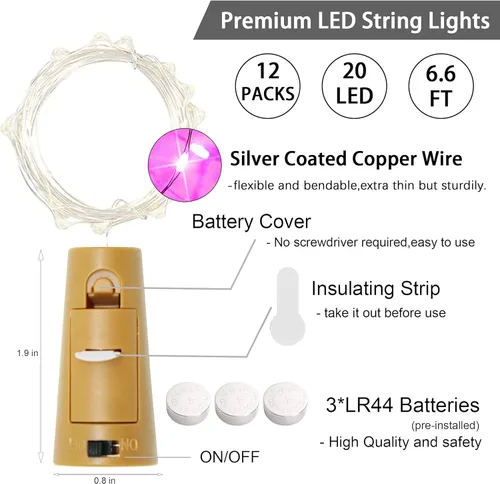 Vista 7 de SmilingTown 12 paquetes de 20 luces LED para botellas de vino con corcho - Cadena de luces de hadas de alambre plateado, luces de corcho operadas