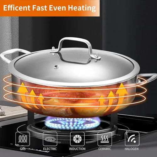 Vista 4 de DELARLO Sartén de tres capas de acero inoxidable de 10 pulgadas Sartén de freír profunda de 3QT con tapa Sartén de saltear con tapa Compatible