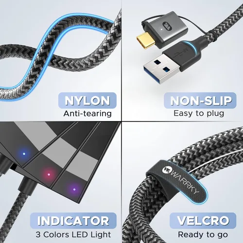 Vista 6 de Lector de Tarjetas SD 7 en 1, WARRKY [Conector Dual USB3.0/USB C, Cable de Nylon de 2.5 Pies] Hub Adaptador de Tarjeta de Memoria de Cámara