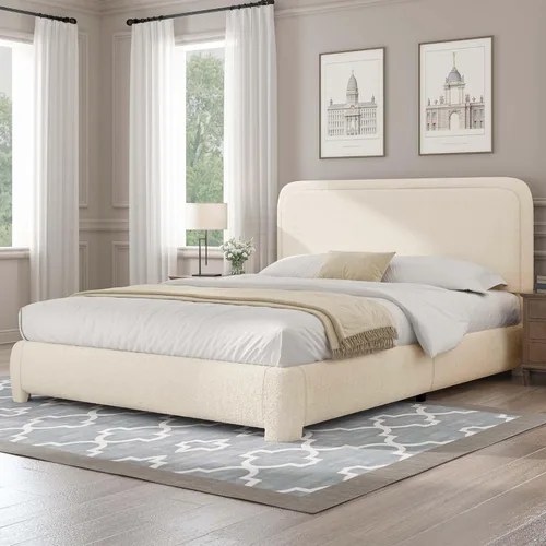 Vista 28 de BarnFurin Base de cama individual con cabecero, cama de plataforma tapizada Cloud Boucle, esquinas redondeadas suaves, no necesita somier, Beige